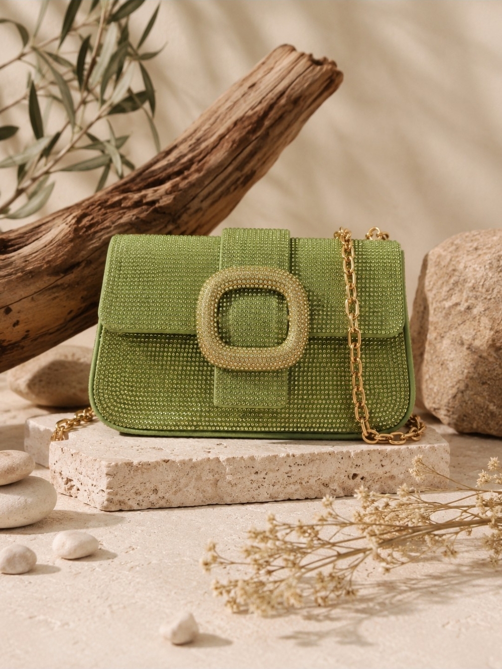 ZARA Green Rhinestone Buckle Shoulder Bag